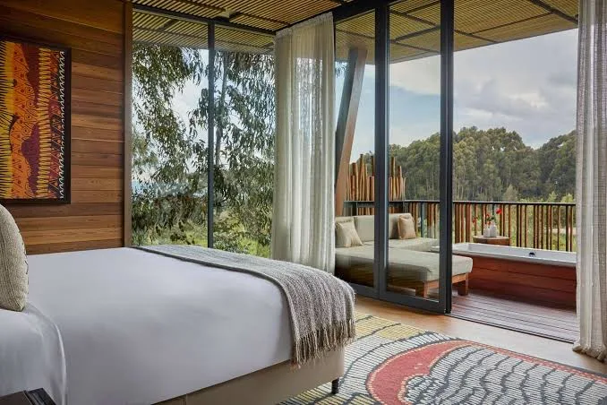 Exterior view of One & Only Gorilla’s Nest luxury lodge near Volcanoes National Park