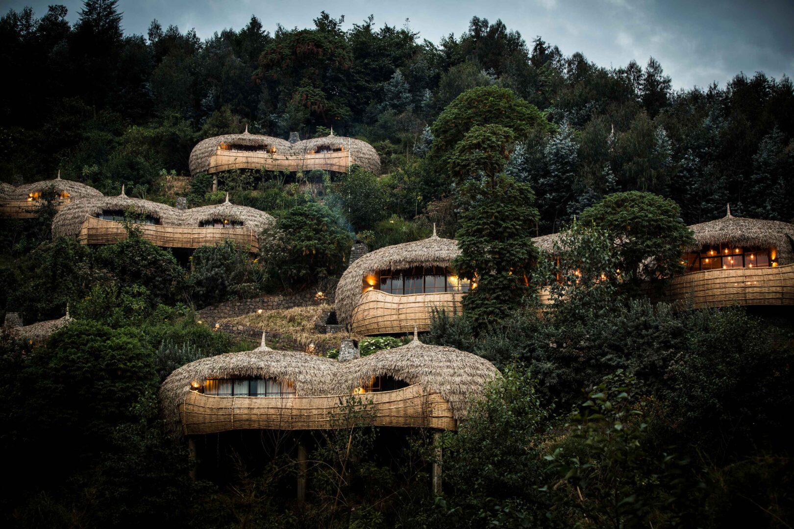 Exterior view of Wilderness Bisate Lodge luxury safari camp in Rwanda