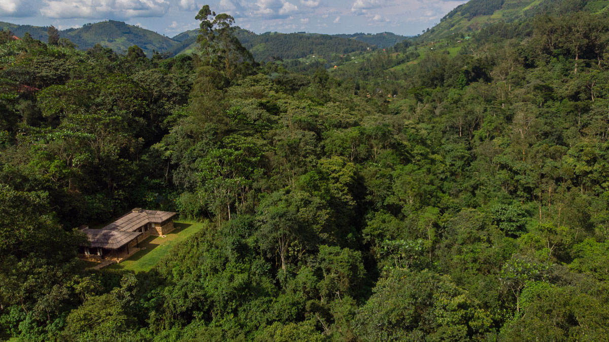 Aerial view of Bwindi Lodge overlooking Bwindi forest