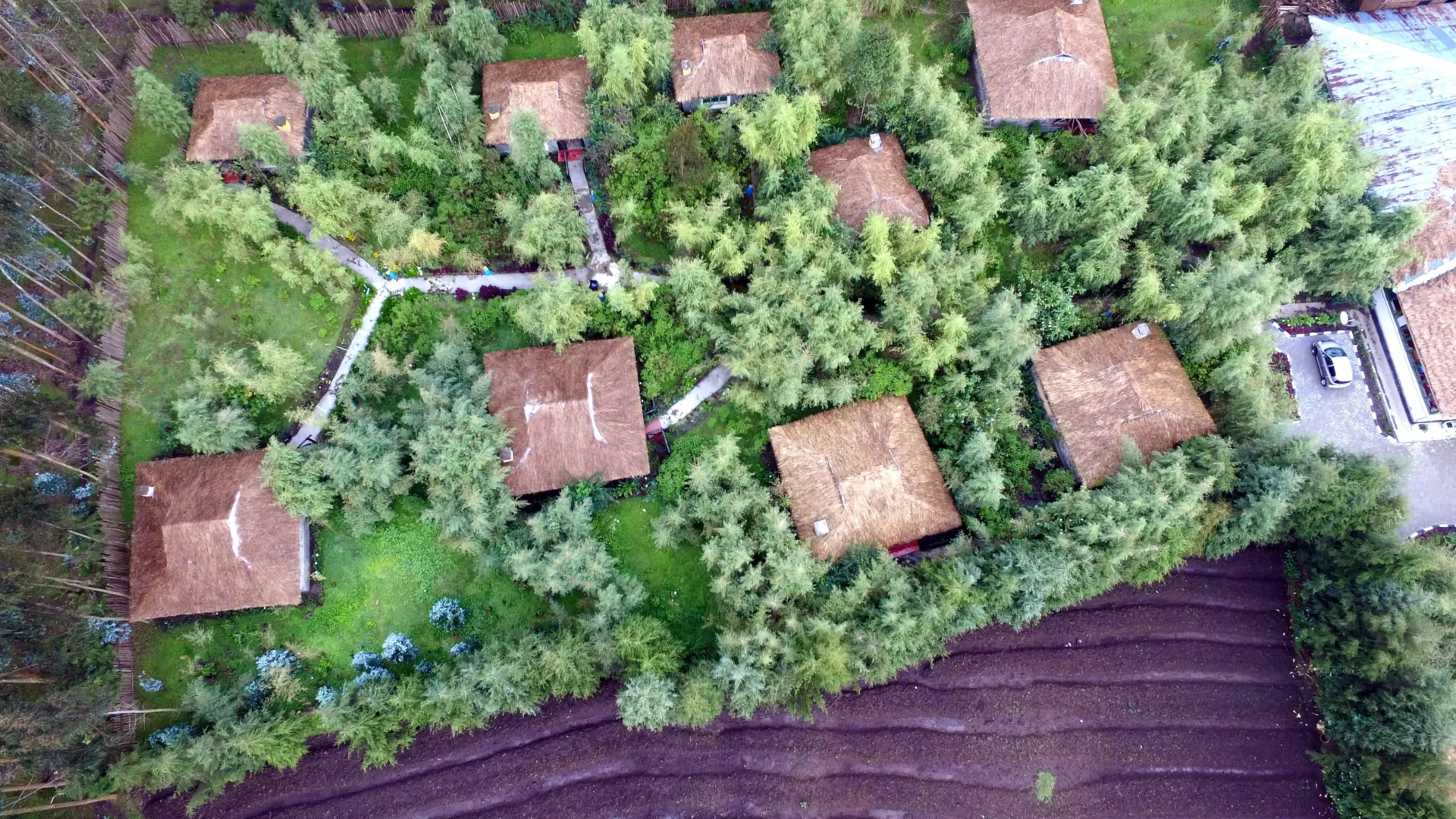 Le Bambou Gorilla Lodge aerial view near Volcanoes National Park Rwanda