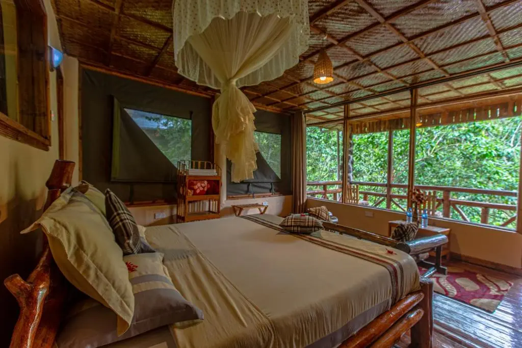 Four Gorillas Lodge provides stylish luxury accommodation near the Rushaga trekking sector with spacious suites, 