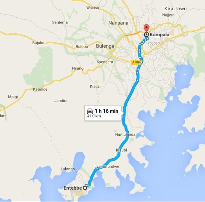 Distance from Entebbe Airport to Kampala city
