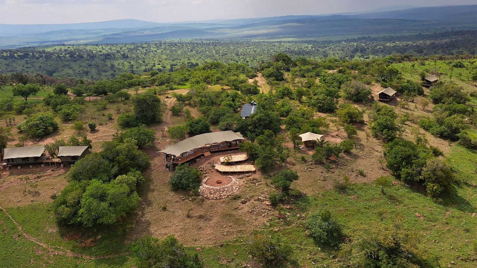 Aerial view of Karenge Bush Camp surrounded by the natural wilderness of Akagera National Park Rwanda
