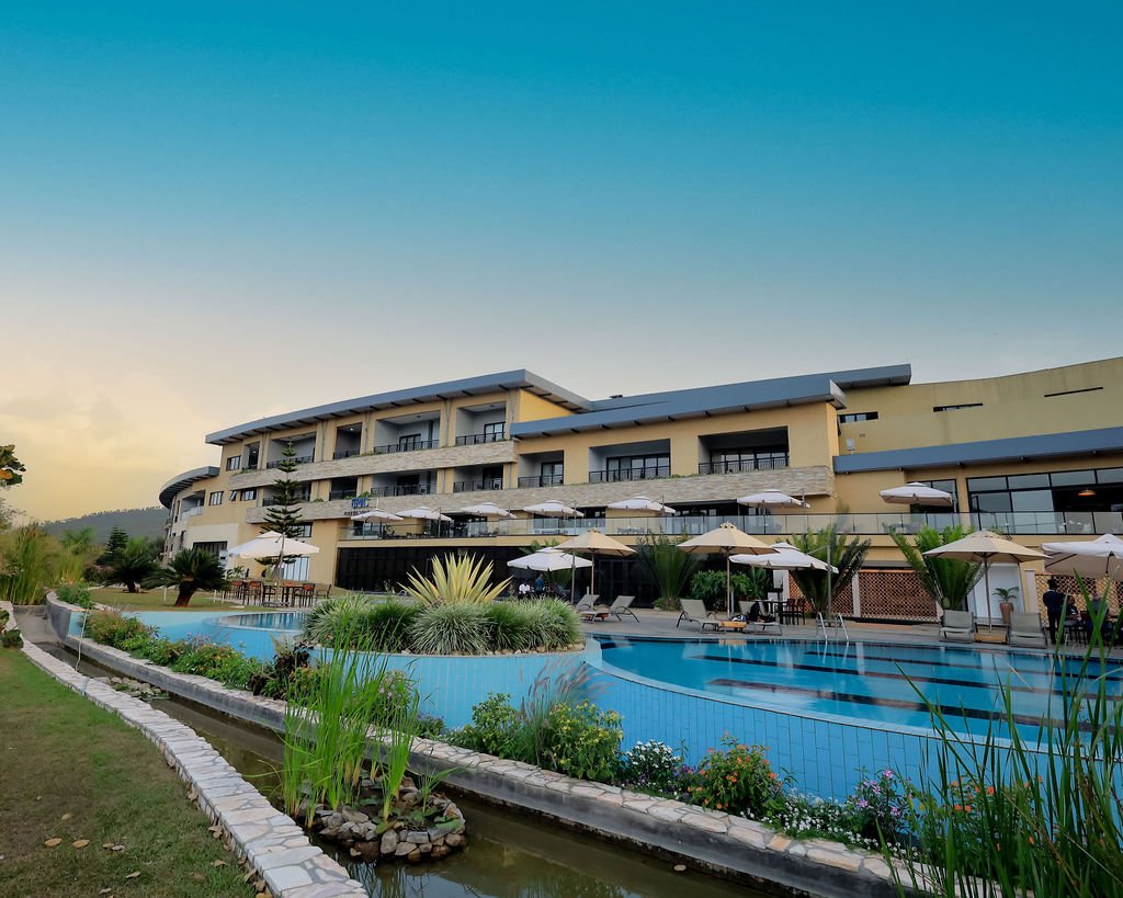 Swimming pools and outdoor relaxation facilities at a luxury safari lodge in Rwanda